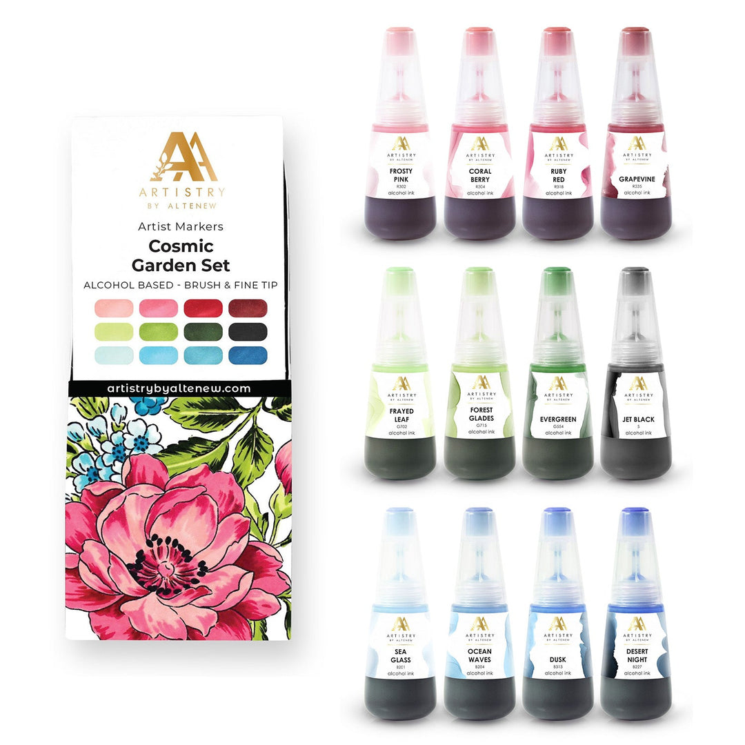 Alcohol Marker & Alcohol Ink Bundle Cosmic Garden Artist Alcohol Markers Set A & Alcohol Ink Bundle (12 Colors)