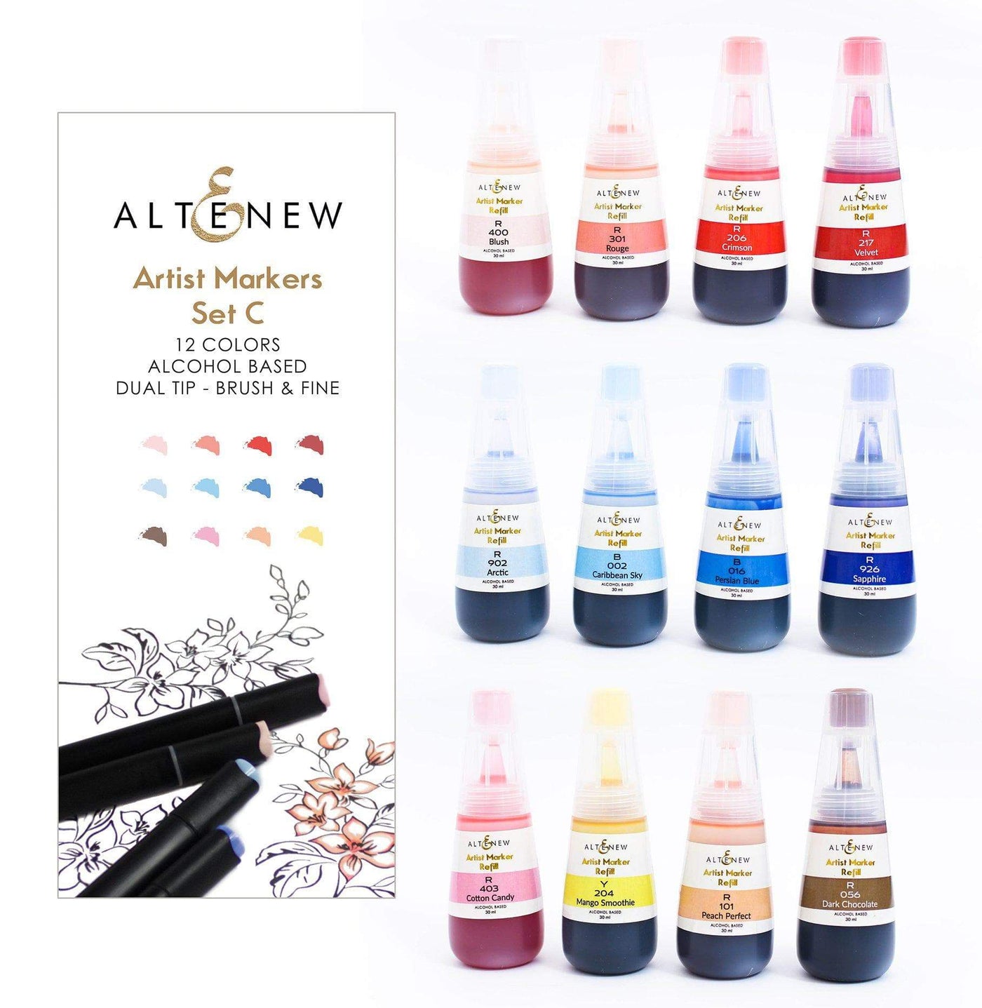 Alcohol Marker & Alcohol Ink Bundle English Country Garden Artist Alcohol Markers Set C & Alcohol Ink (12 Colors)