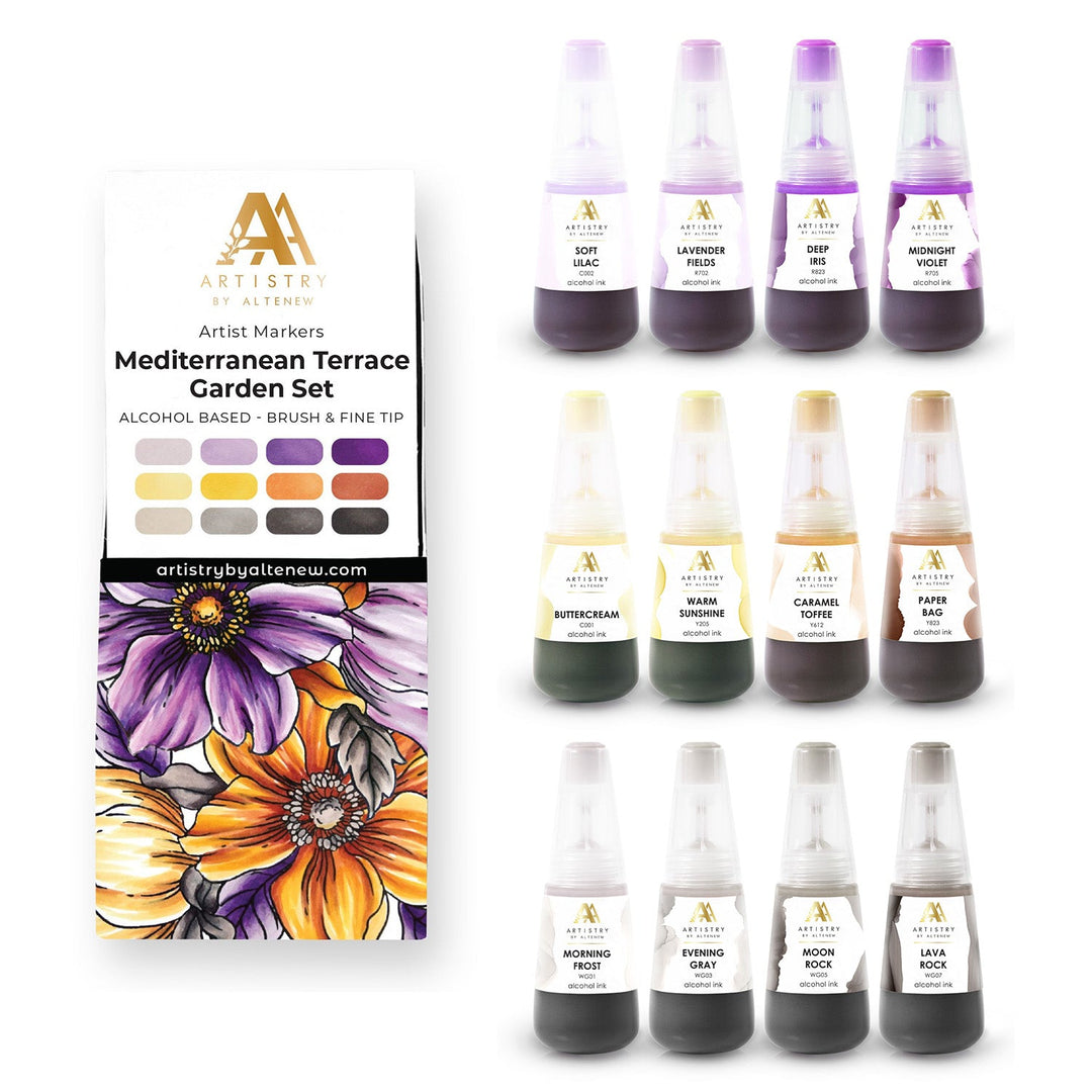 Alcohol Marker & Alcohol Ink Bundle Mediterranean Terrace Garden Artist Alcohol Markers Set B & Alcohol Ink Bundle (12 Colors)