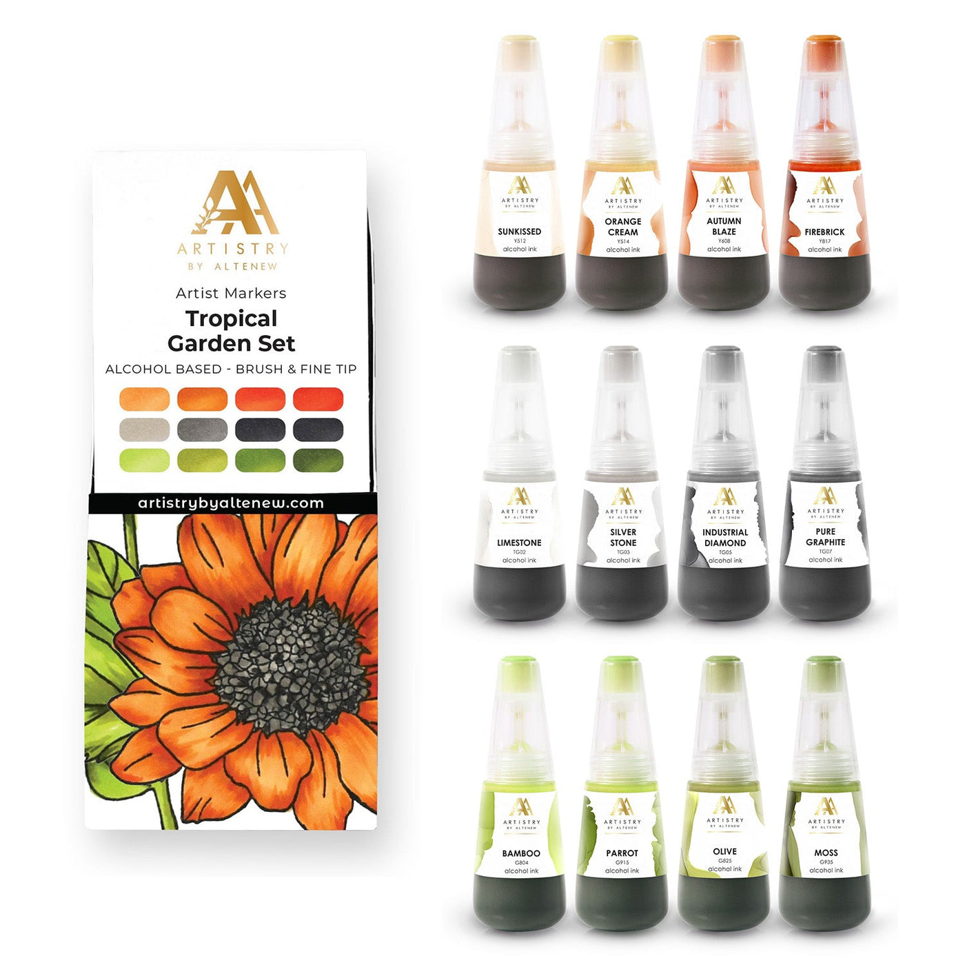 Alcohol Marker & Alcohol Ink Bundle Tropical Garden Artist Alcohol Markers Set E & Alcohol Ink Bundle (12 Colors)