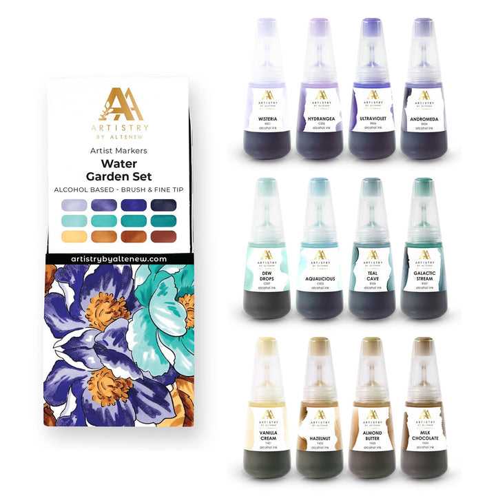 Alcohol Marker & Alcohol Ink Bundle Water Garden Bundle Artist Alcohol Markers & Alcohol Ink Bundle (12 colors)