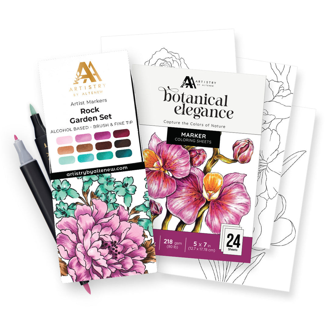 Alcohol Marker & Coloring Book Bundle Artist Alcohol Markers Set D & Botanical Elegance Alcohol Marker Coloring Sheets Bundle