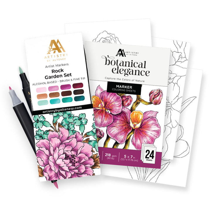 Alcohol Marker & Coloring Book Bundle Artist Alcohol Markers Set D & Botanical Elegance Alcohol Marker Coloring Sheets Bundle