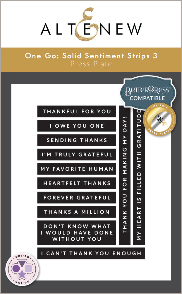 Betterpress Plates One-Go: Solid Sentiment Strips 3 Press Plates/Foil Plates (Gratitude Edition)