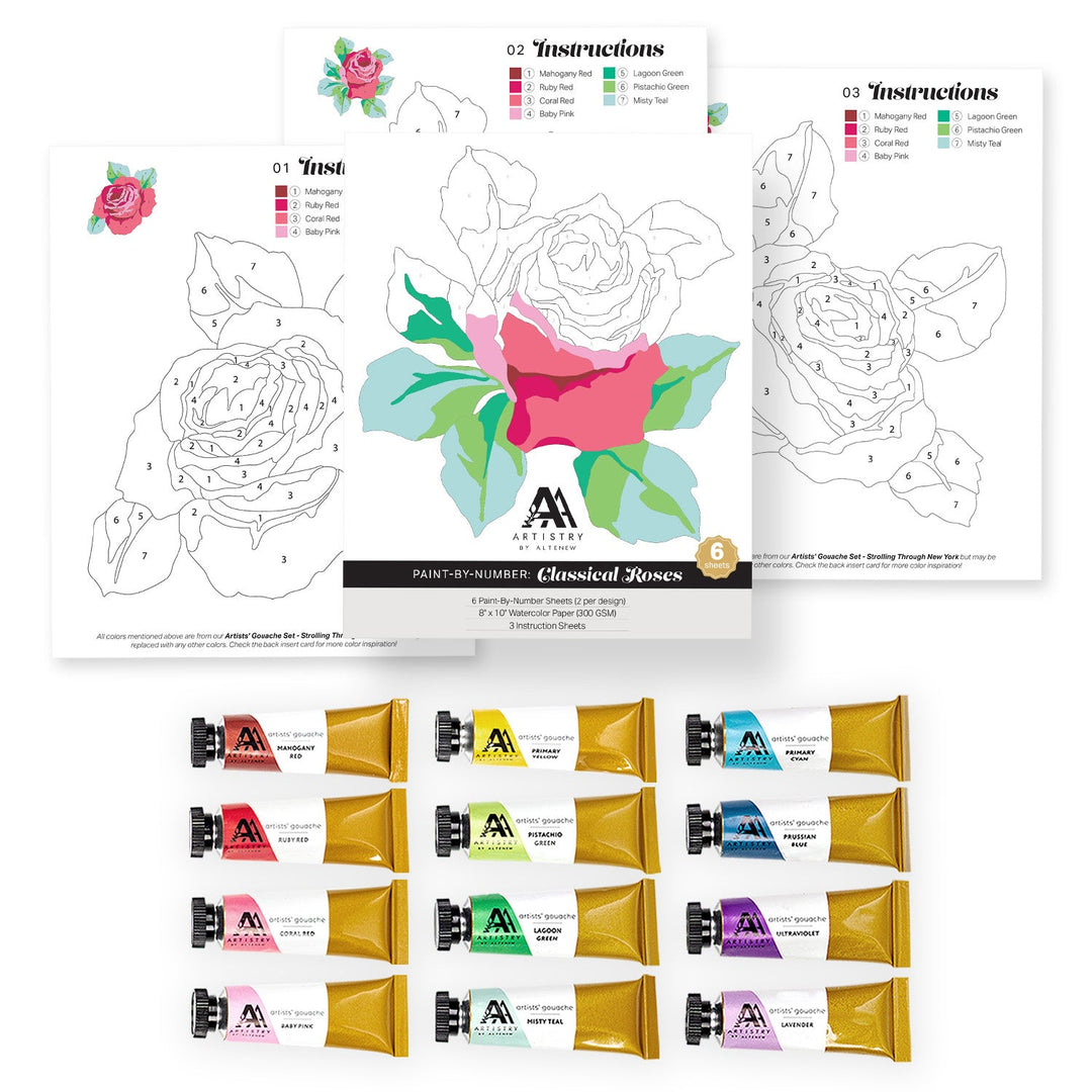 Coloring Book Paint-by-Number Sheets & Artists' Gouache Set Bundle