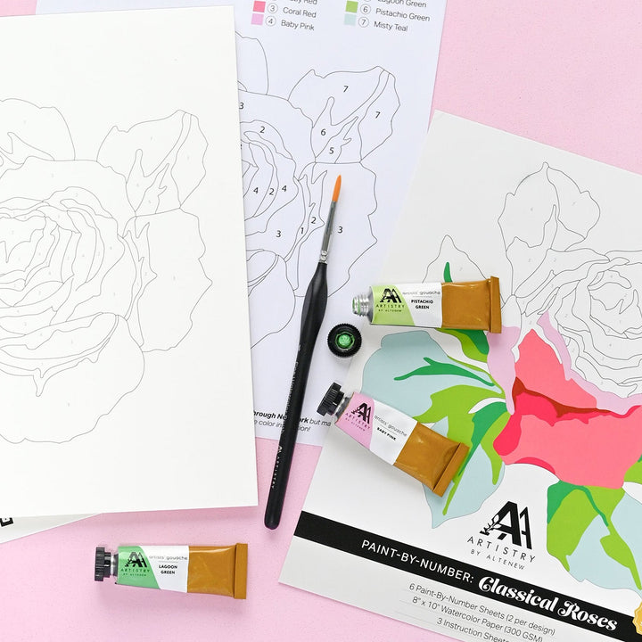 Coloring Book Paint-by-Number Sheets & Artists' Gouache Set Bundle