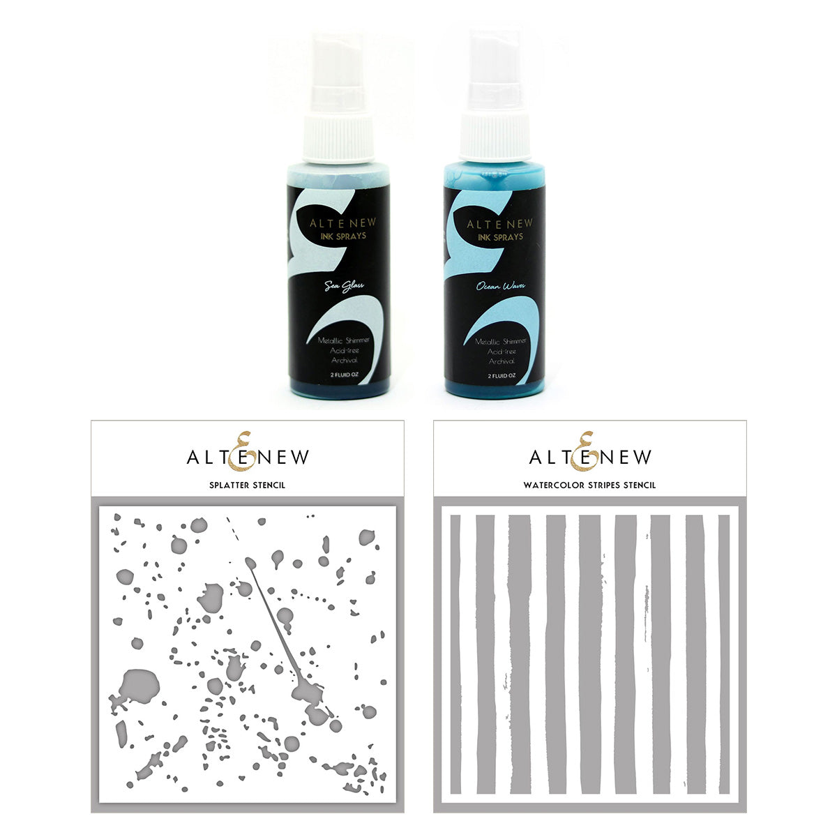 Ink Spray & Stencil Bundle Splatter & Watercolor Stripe Stencils w/ Sea Glass & Ocean Waves Ink Sprays Bundle