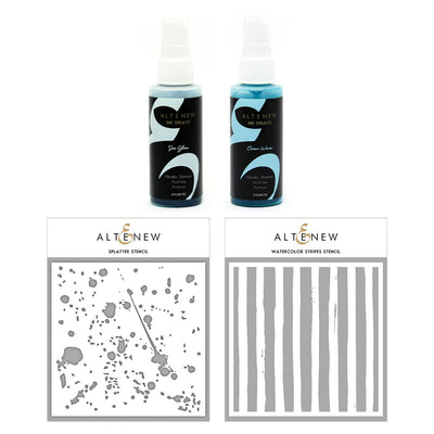 Ink Spray & Stencil Bundle Splatter & Watercolor Stripe Stencils w/ Sea Glass & Ocean Waves Ink Sprays Bundle