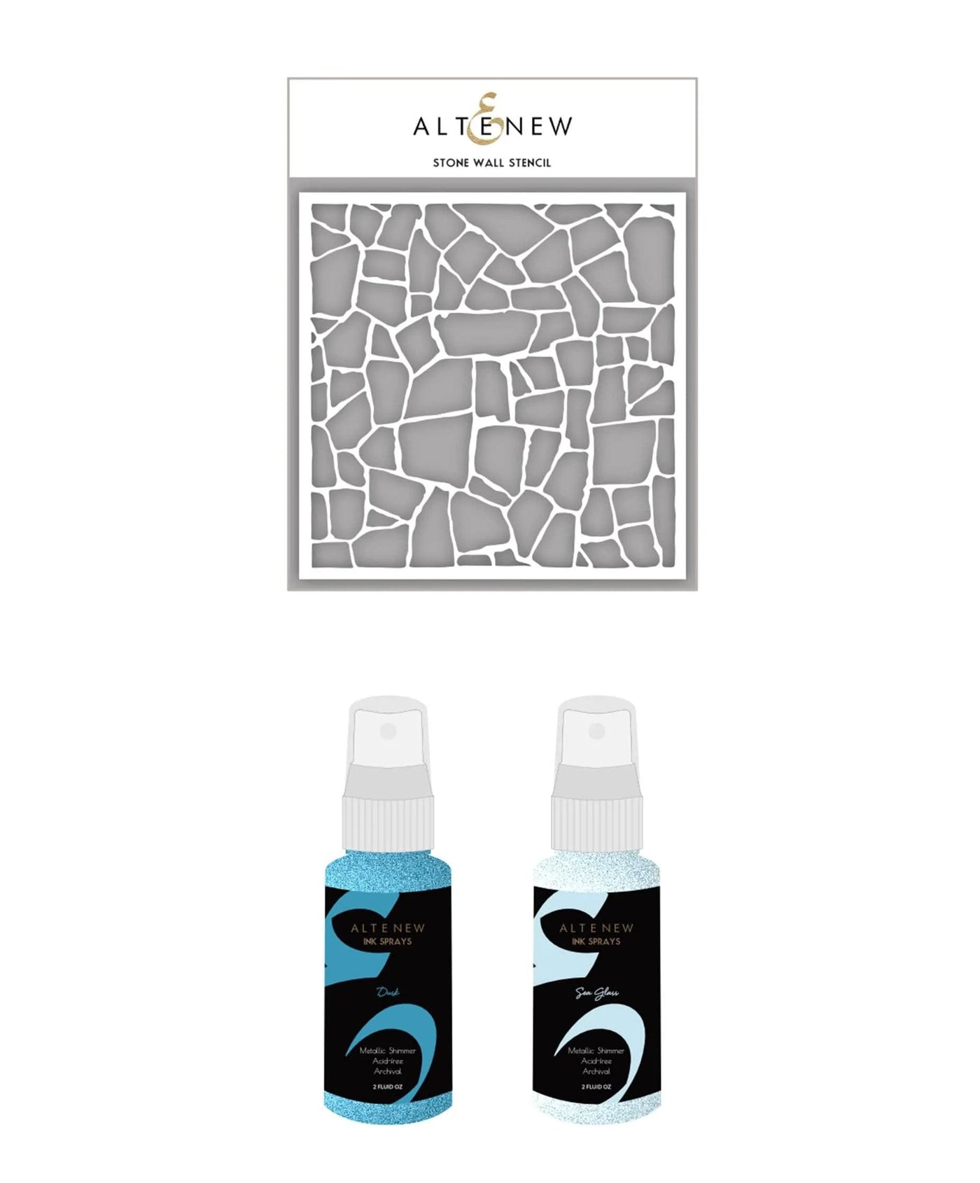 Ink Spray & Stencil Bundle Stone Wall Stencil w/ Sea Glass and Dusk Ink Sprays Bundle