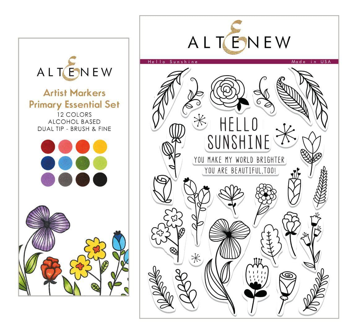 Stamp & Alcohol Marker Bundle Artist Alcohol Markers Primary Essential Set & Hello Sunshine Stamp Set Bundle