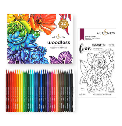 Stamp & Coloring Pencil Bundle Paint-A-Flower: Camellia Waterhouse & Woodless Coloring Pencils Bundle