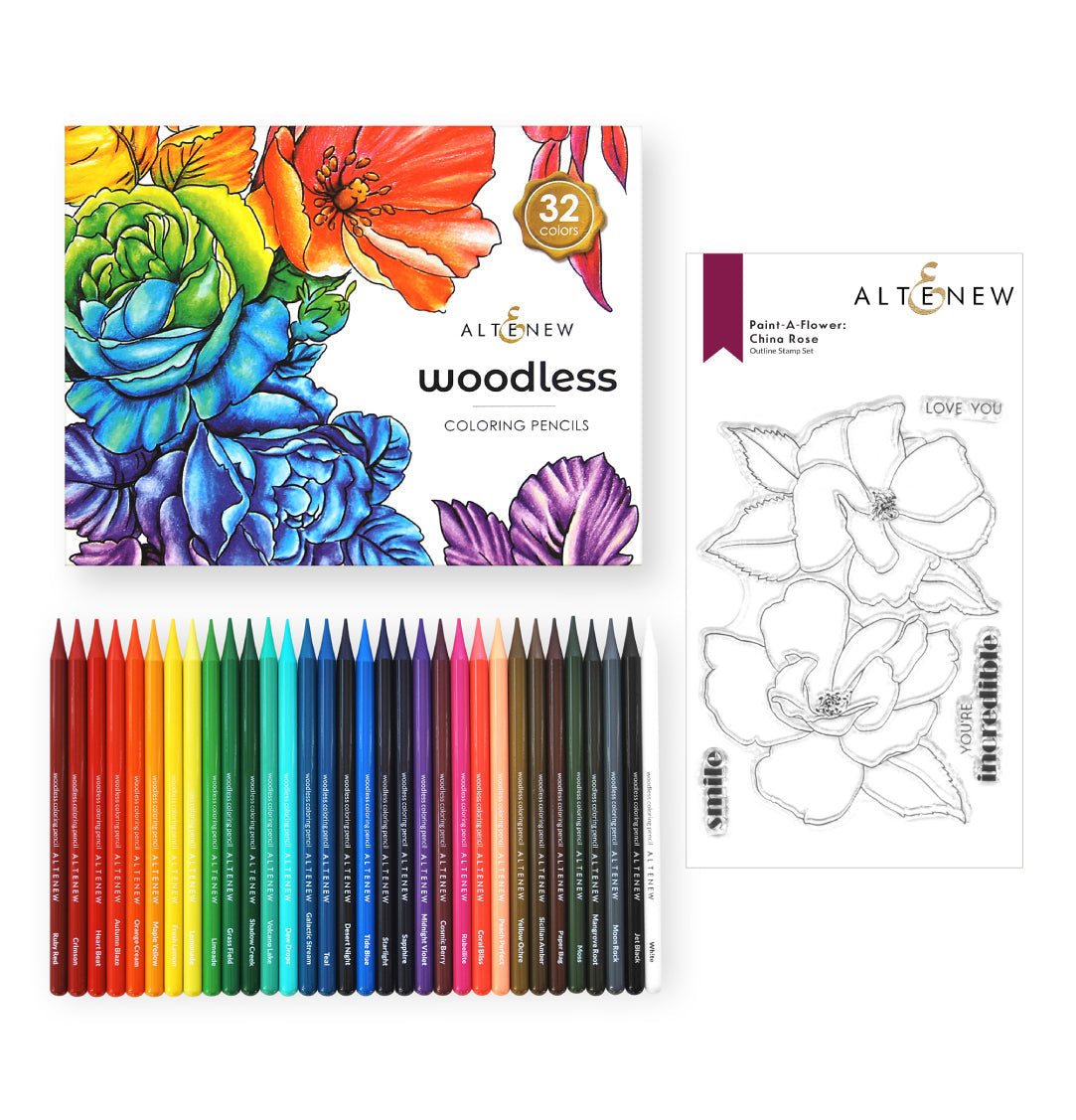 Stamp & Coloring Pencil Bundle Paint-A-Flower: China Rose & Woodless Coloring Pencils Bundle