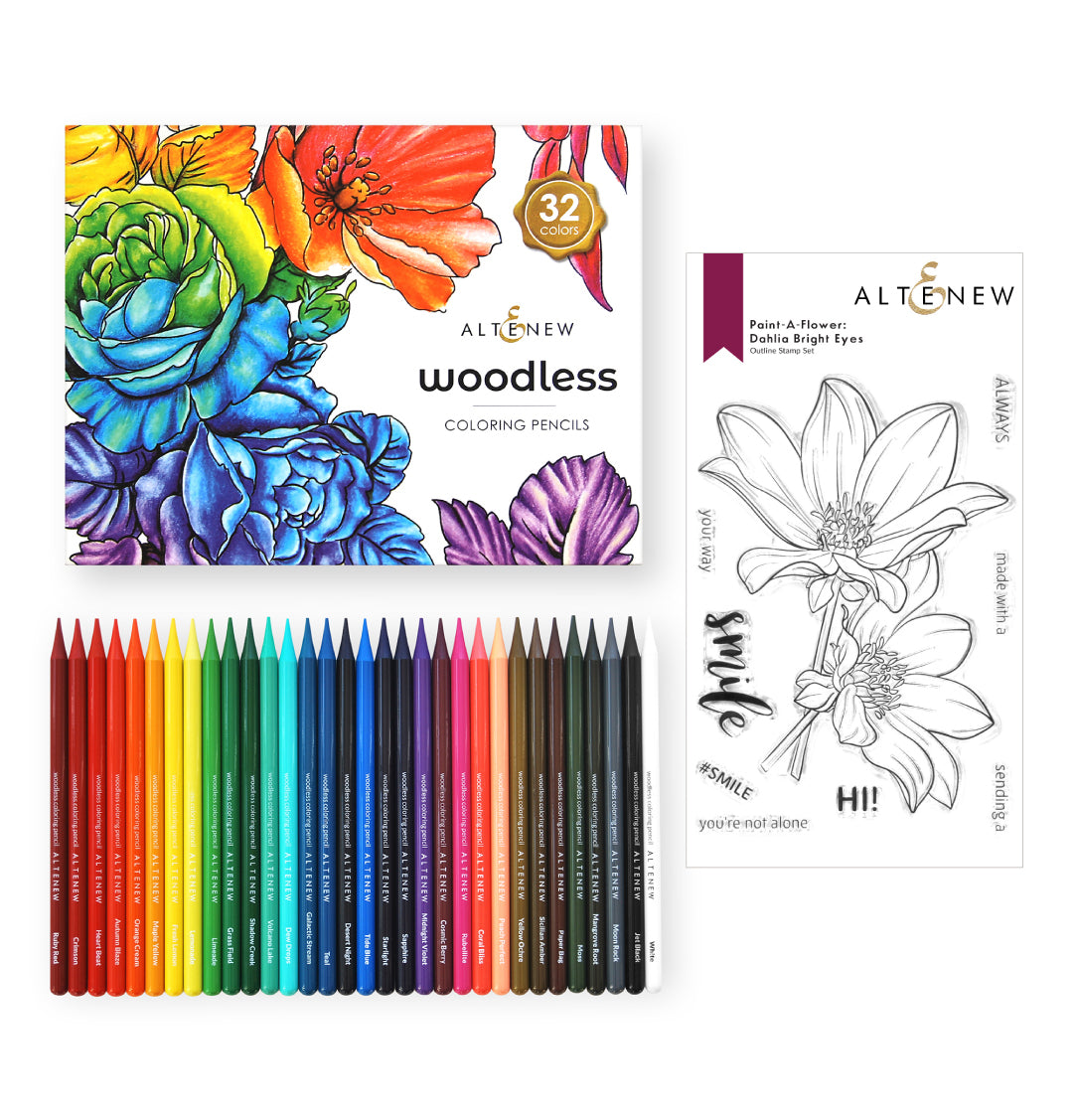 Stamp & Coloring Pencil Bundle Paint-A-Flower: Dahlia Bright Eyes & Woodless Coloring Pencils Bundle