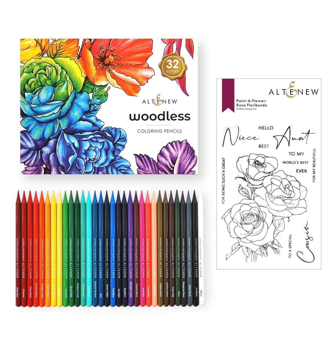 Stamp & Coloring Pencil Bundle Paint-A-Flower: Rosa Floribunda & Woodless Coloring Pencils