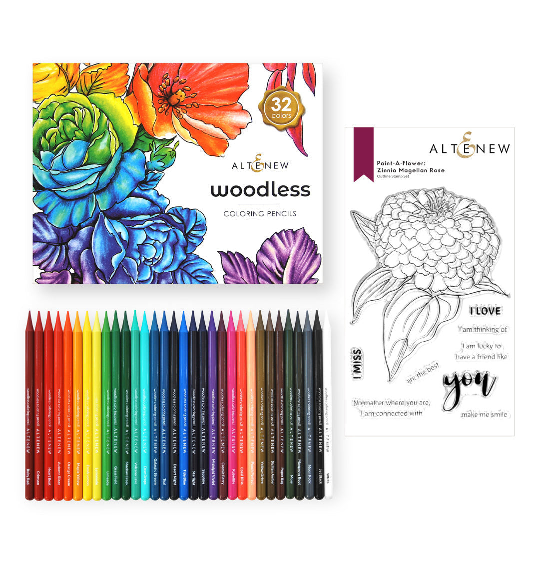 Stamp & Coloring Pencil Bundle Paint-A-Flower: Zinnia Magellan Rose & Woodless Coloring Pencils Bundle