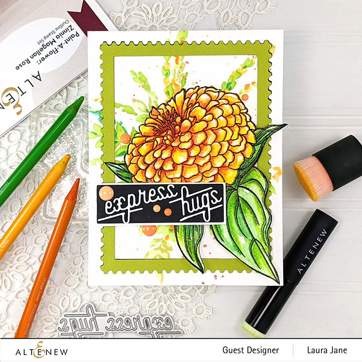 Stamp & Coloring Pencil Bundle Paint-A-Flower: Zinnia Magellan Rose & Woodless Coloring Pencils Bundle