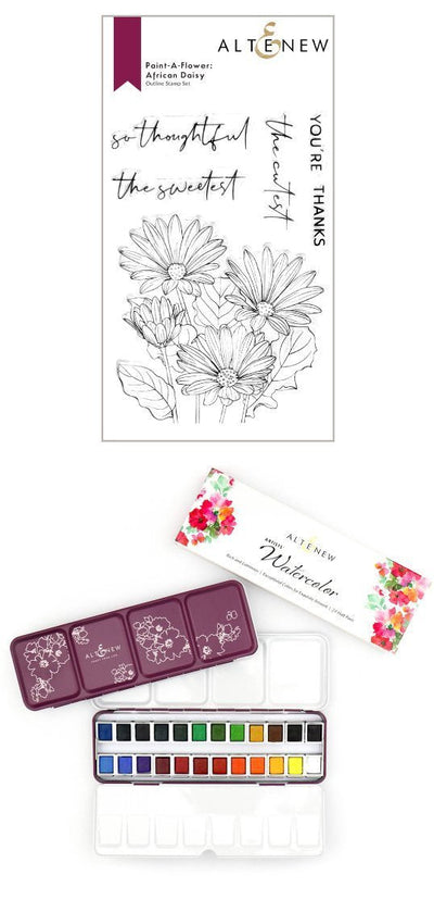 Stamp & Watercolor Bundle Paint-A-Flower: African Daisy & Artists' Watercolor 24 Pan Set Bundle