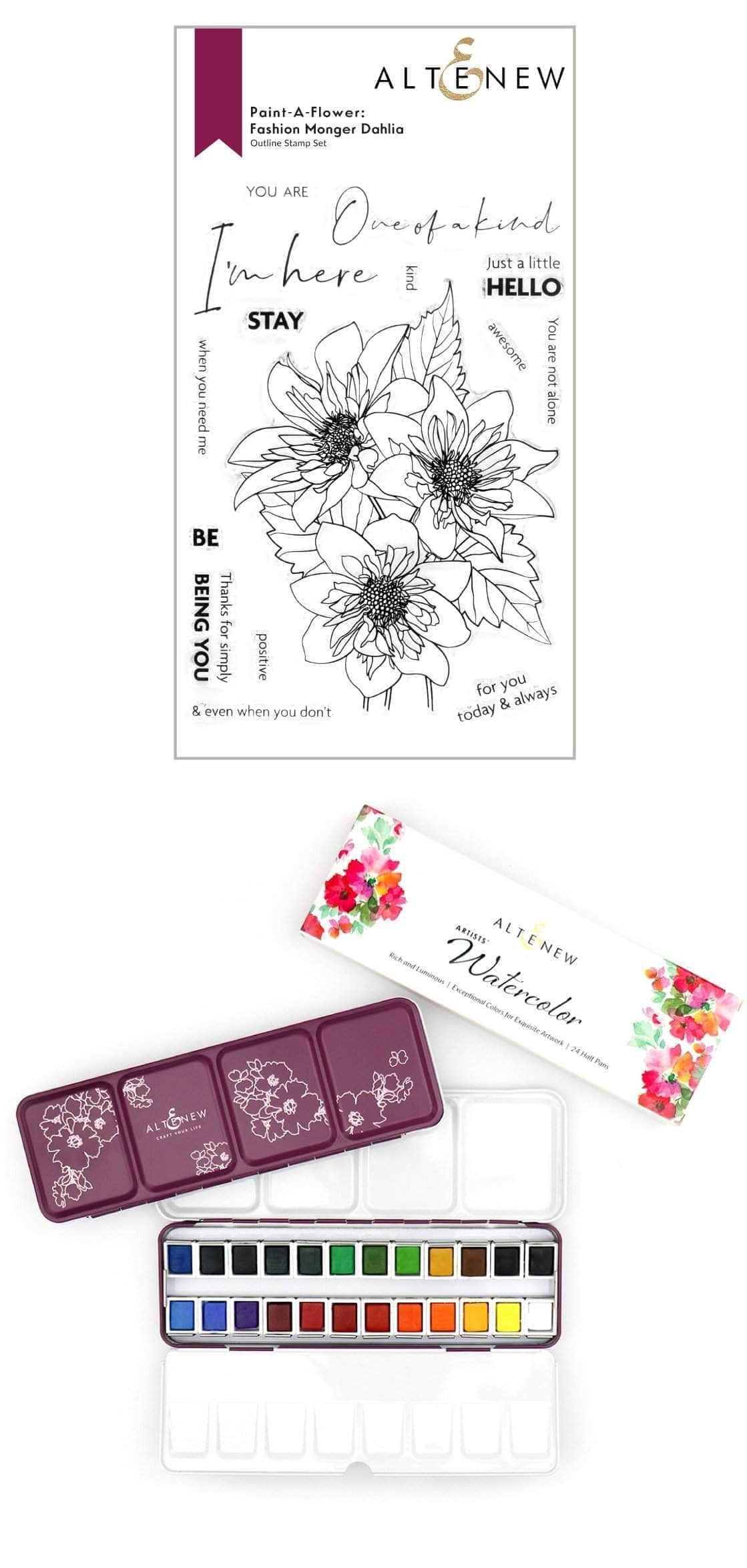 Stamp & Watercolor Bundle Paint-A-Flower: Fashion Monger Dahlia & Artists' Watercolor 24 Pan Set Bundle