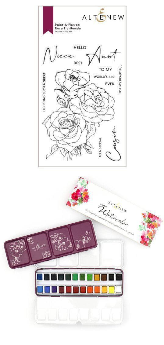 Stamp & Watercolor Bundle Paint-A-Flower: Rosa Floribunda & Artists' Watercolor 24 Pan Set Bundle