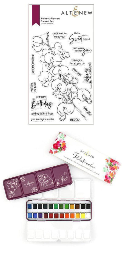 Stamp & Watercolor Bundle Paint-A-Flower: Sweet Pea & Artists' Watercolor 24 Pan Set Bundle