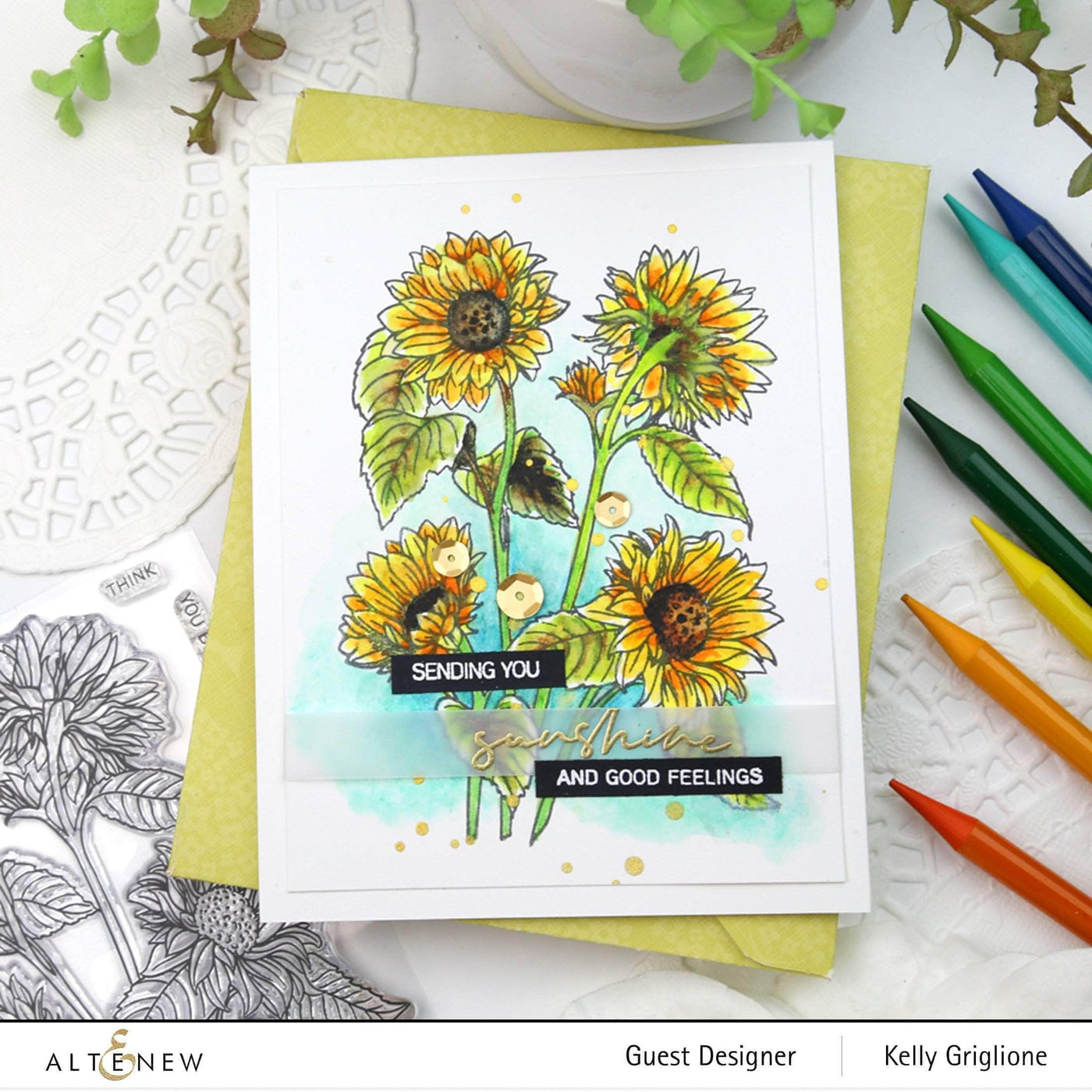 Stamp & Watercolor Bundle Sunflower Outline Stamp Set & Woodless Watercolor Pencils Bundle