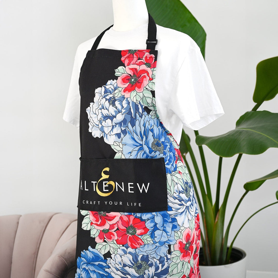 Stationery & Gifts Artsy Apron: Red & Blue Billowing Peonies - Black