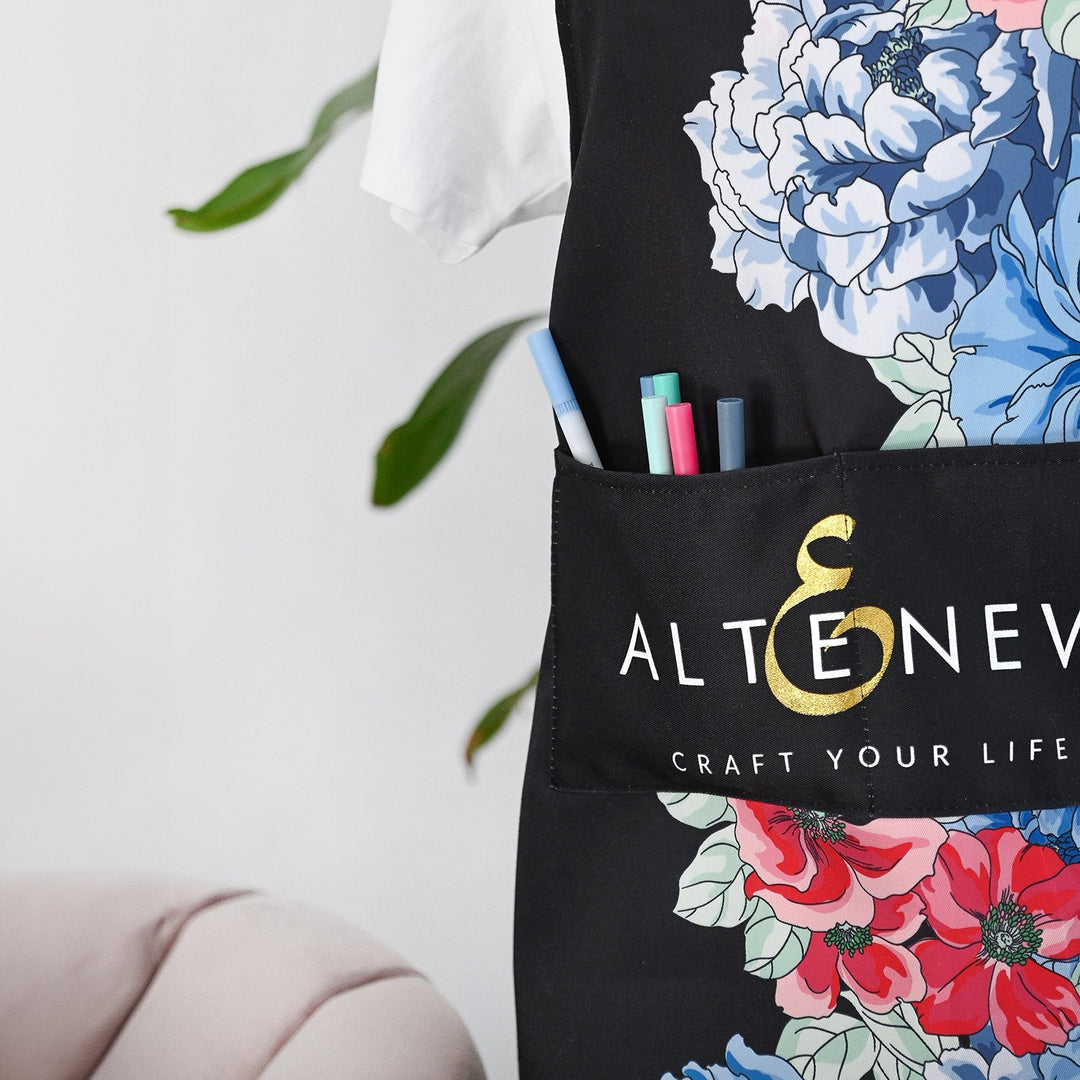 Stationery & Gifts Artsy Apron: Red & Blue Billowing Peonies - Black