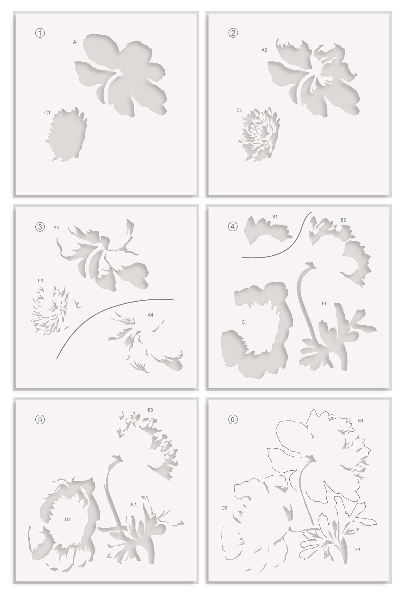 Stencil Stencil Art: White Cap Peonies Layering Stencil Set (6 in 1)